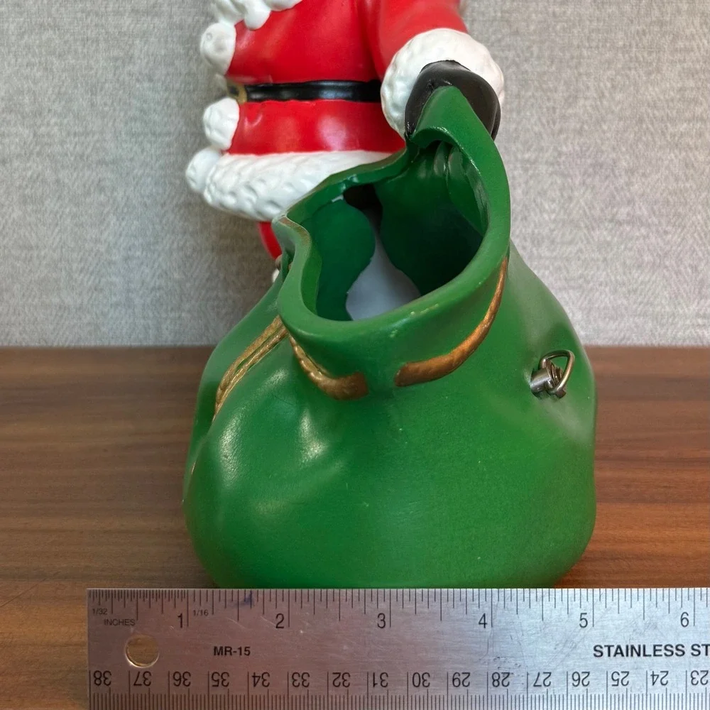Vintage 1981 Ceramic Musical Santa Claus Figurine‎ Green Toy Bag Planter Dish